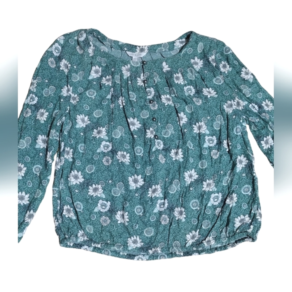 Lucky Brand Green & White Floral Long Sleeve Top, Size Medium